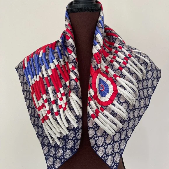 Gucci Scarf Logo GG Print Club WEB Blue Silk Wrap with Gucci Gift Box